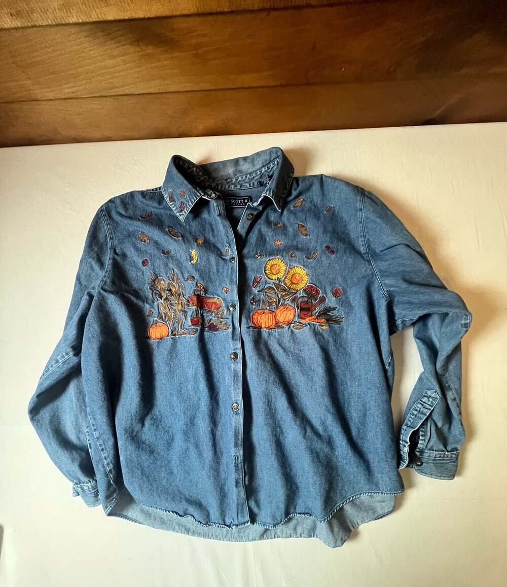 Karen Scott Fall Embroidered Pumpkin Patch Denim Cotton Shirt Size 2X 90s